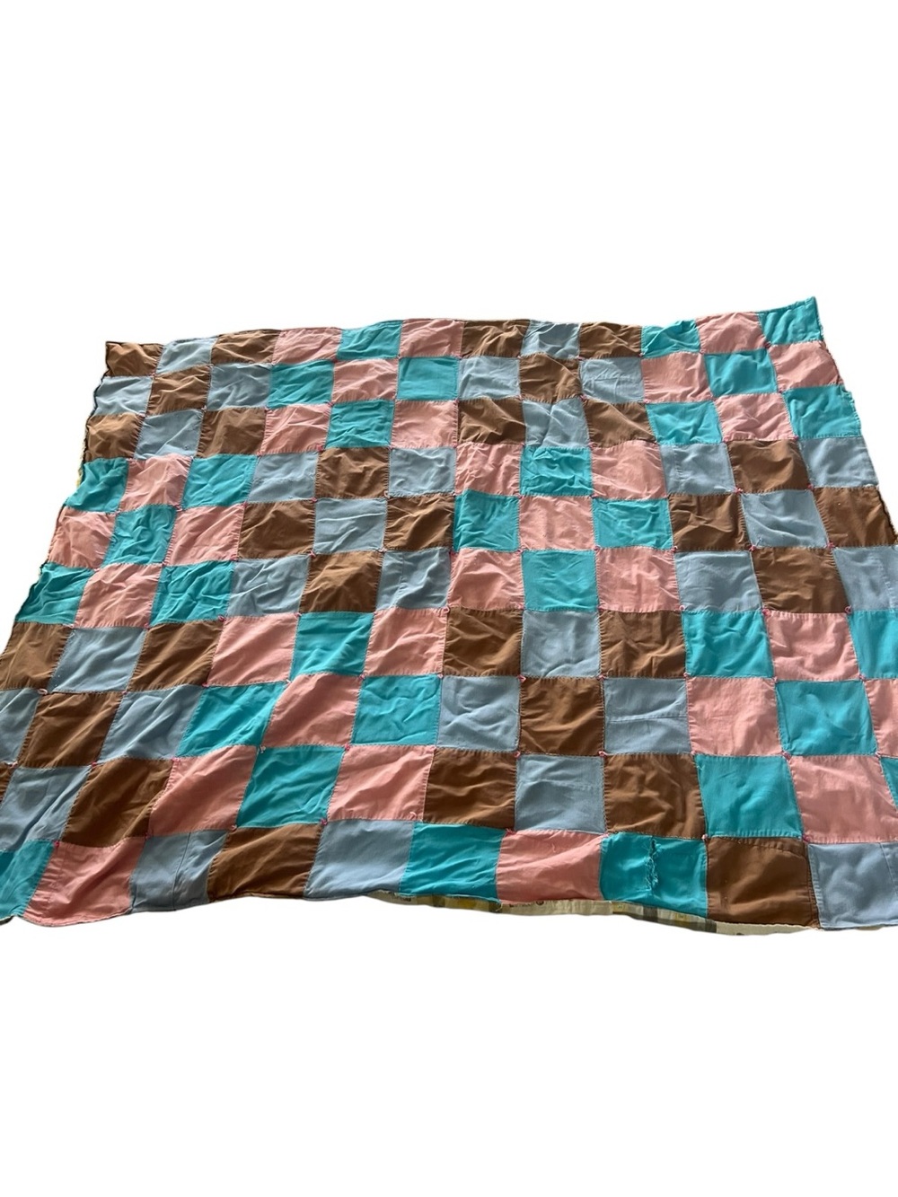 Vintage Handmade Charm Square Patchwork Quilt Throw Blanket Pink Blue 65x53